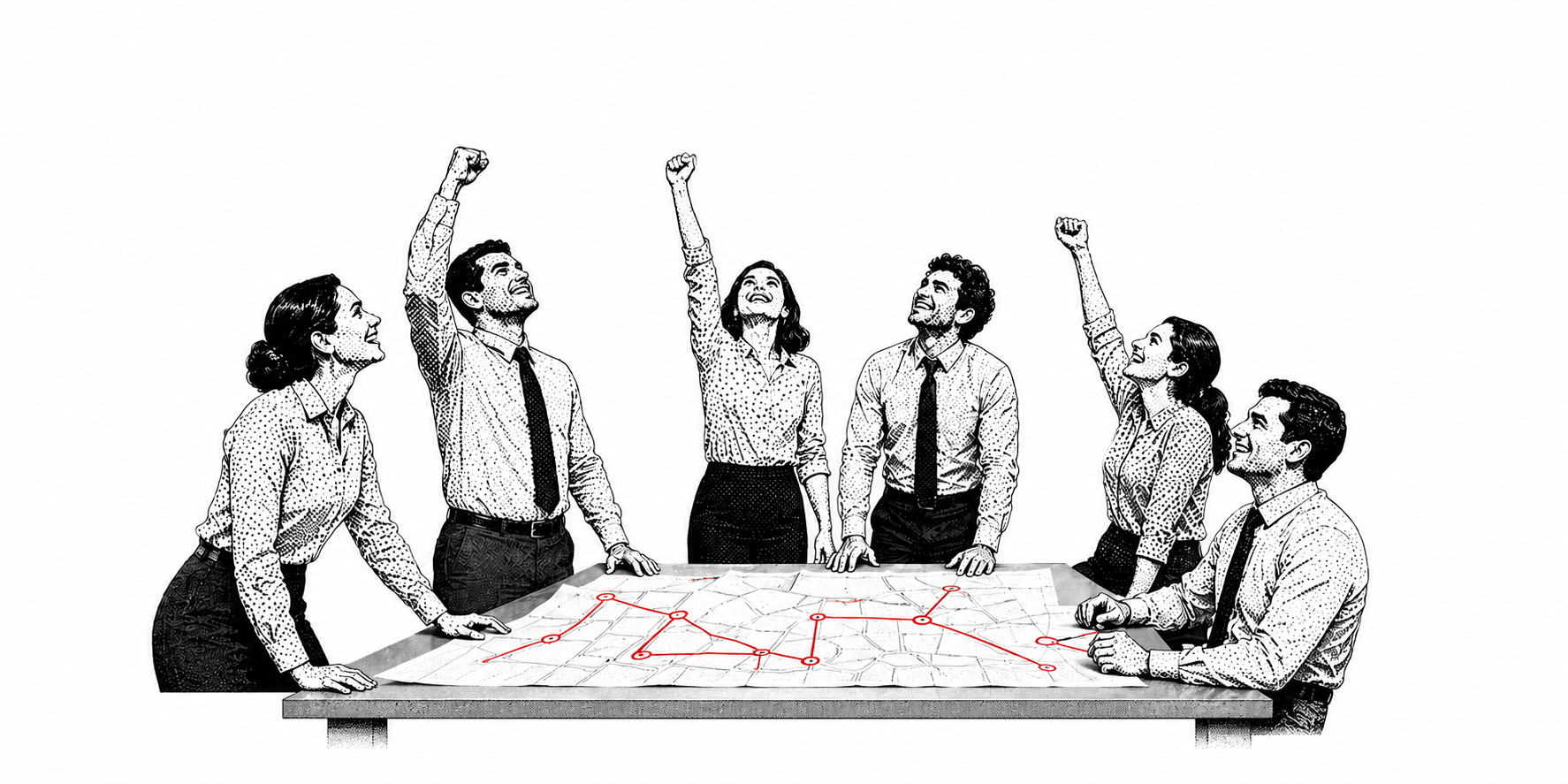Un equipo alrededor de una mesa, festejando sobre un mapa con una red de puntos conectados